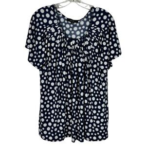 NAIF Navy Blue White No-Iron Stretch Ruched Neckline Short Sleeve Shirt Large L